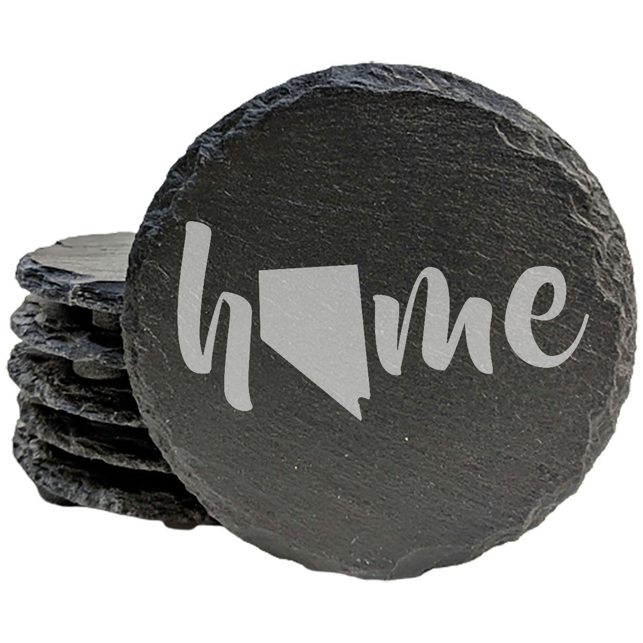 Rustic Slate Coasters Set of 4 - Laser Etched 'Home' Design with Nevada State - Perfect Gift for Holidays, Birthdays, Housewarming - 4" Round/Square - Made in Oregon, USA - Natural Chipped Edge