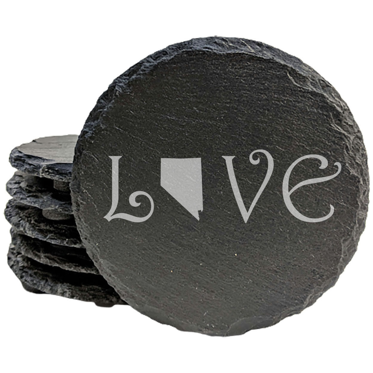Rustic Slate Coasters Set of 4, Laser Etched 'LOVE' Design with Nevada State, 4" Round, Natural Chipped Edge, Rubber Feet, Perfect Gift for Holidays, Birthdays, Housewarming, Made in Oregon, USA