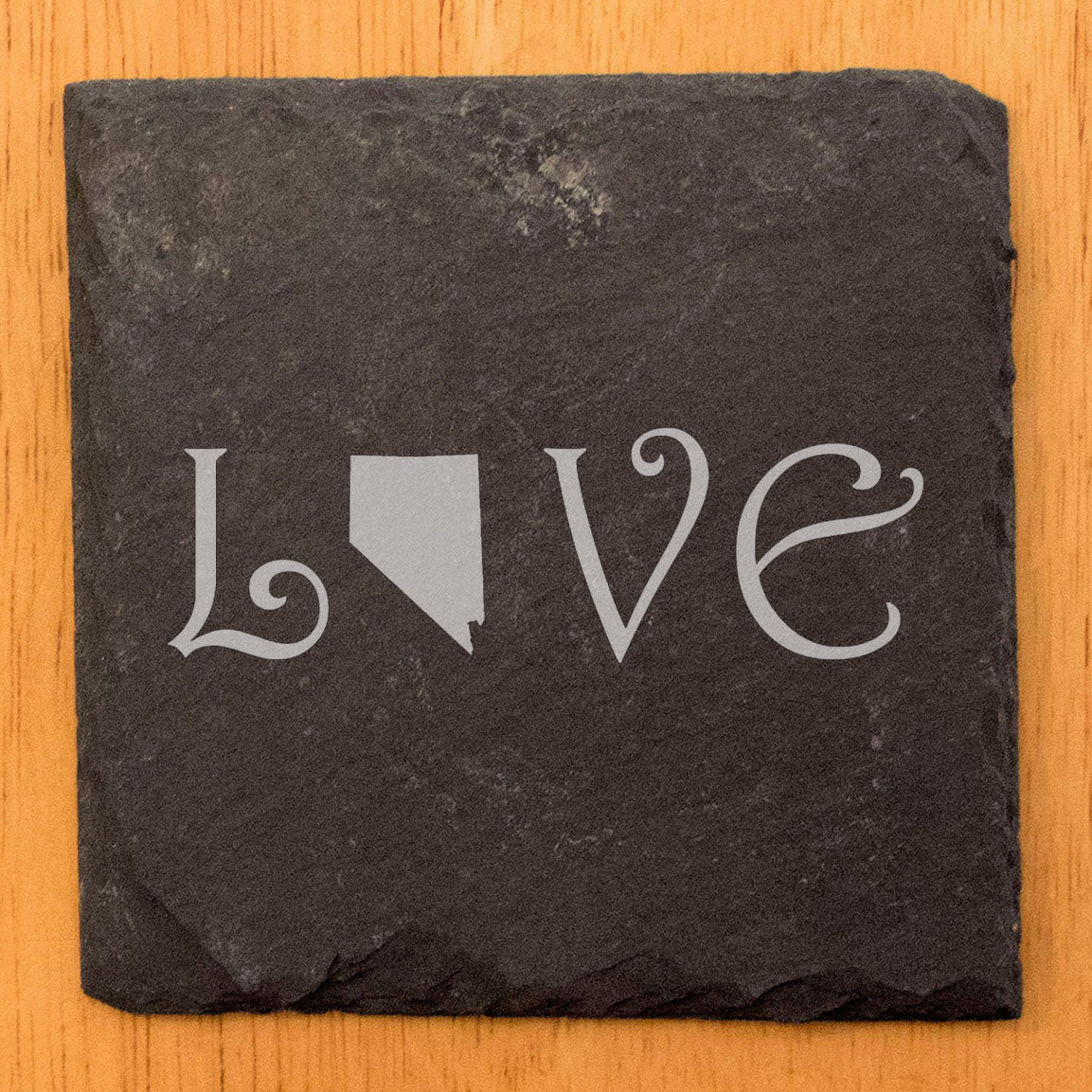 Rustic Slate Coasters Set of 4, Laser Etched 'LOVE' Design with Nevada State, 4" Round, Natural Chipped Edge, Rubber Feet, Perfect Gift for Holidays, Birthdays, Housewarming, Made in Oregon, USA
