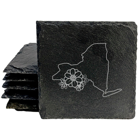 Rustic Slate Coasters Set of 4 - Laser Etched New York State Design w/ Flower - Perfect Gift for Holidays, Birthdays, Housewarming - 4" Round/Square - Made in Oregon, USA - Natural Chipped Edge
