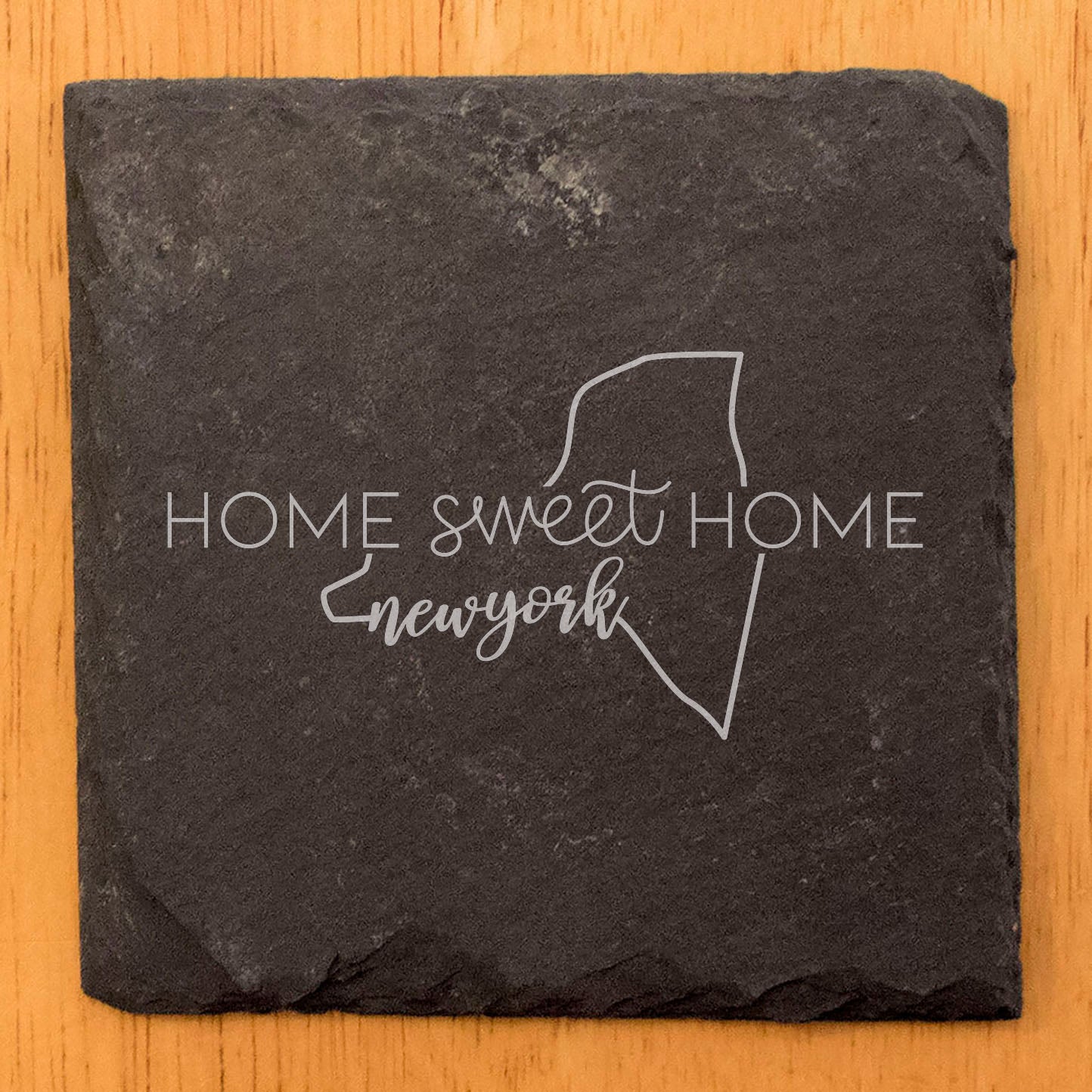 Rustic Slate Coasters Set of 4 - Round 4" with 'Home Sweet Home' New York Design - Perfect Gift for Holidays, Birthdays, Housewarming - Made in Oregon, USA - Natural Chipped Edge, Rubber Feet