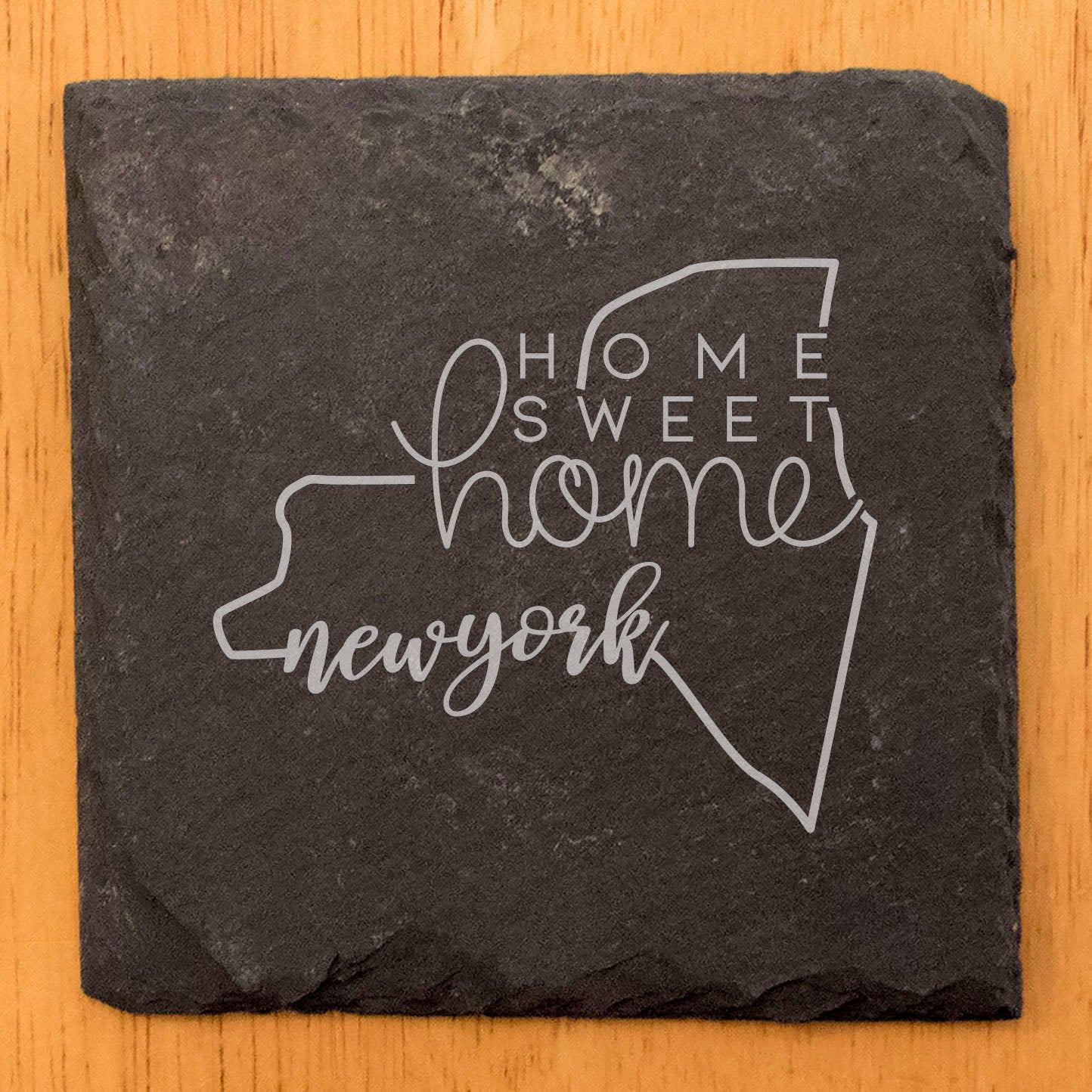 Rustic Slate Coasters Set of 4 - Round 4" with New York State Design, 'Home Sweet Home' - Perfect Gift for Holidays, Birthdays, Housewarming - Made in Oregon, USA by Small Business - Natural Edge