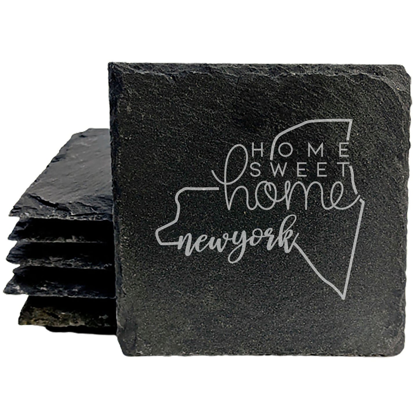 Rustic Slate Coasters Set of 4 - Round 4" with New York State Design, 'Home Sweet Home' - Perfect Gift for Holidays, Birthdays, Housewarming - Made in Oregon, USA by Small Business - Natural Edge