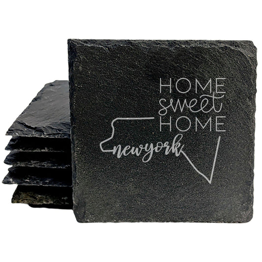 Rustic Slate Coasters Set of 4, Round 4" with New York State Design, 'Home Sweet Home' Laser Etched, Perfect Gift for Holidays, Birthdays, Housewarming, Made in Oregon, USA, Natural Chipped Edge