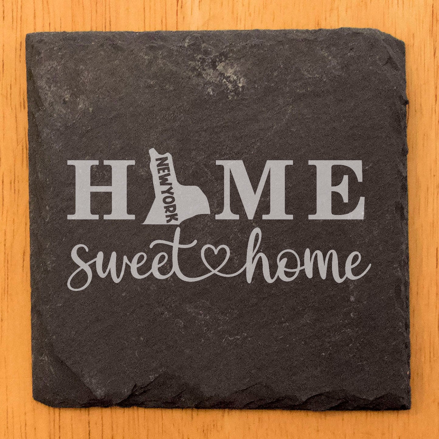 Rustic Slate Coasters Set of 4, Round 4" with 'HOME SWEET HOME' NY Design, Perfect for Holidays, Birthdays, Housewarming Gifts, She-Shed, Man Cave, Made in Oregon, USA, Natural Chipped Edge