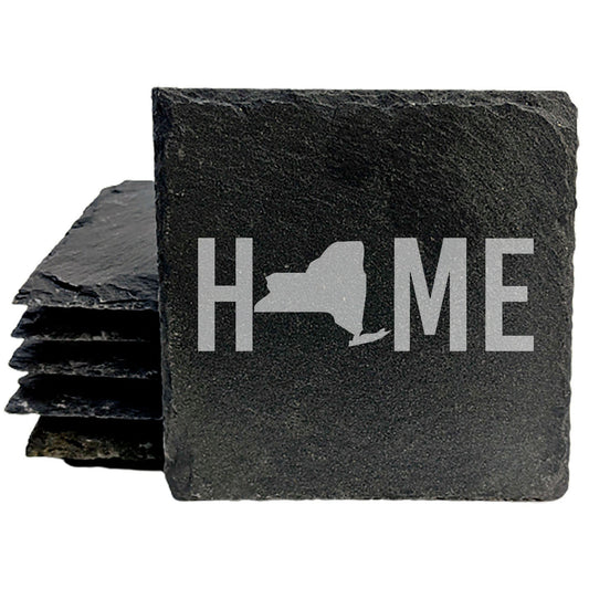 Rustic Slate Coasters Set of 4 - Laser Etched 'HOME' Design with NY State - Perfect Gift for Holidays, Birthdays, Housewarming - 4" Round, Natural Chipped Edge, Rubber Feet - Made in Oregon, USA