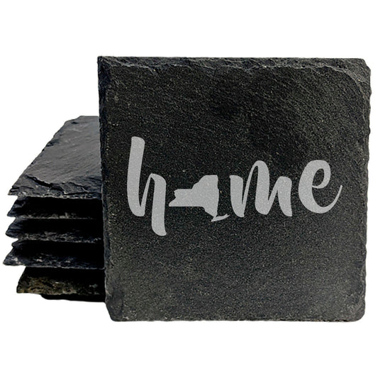 Rustic Slate Coasters Set of 4 - Laser Etched 'Home' Design with NY State - Perfect Gift for Holidays, Birthdays, Housewarming - 4" Round/Square - Made in Oregon, USA - Natural Chipped Edge