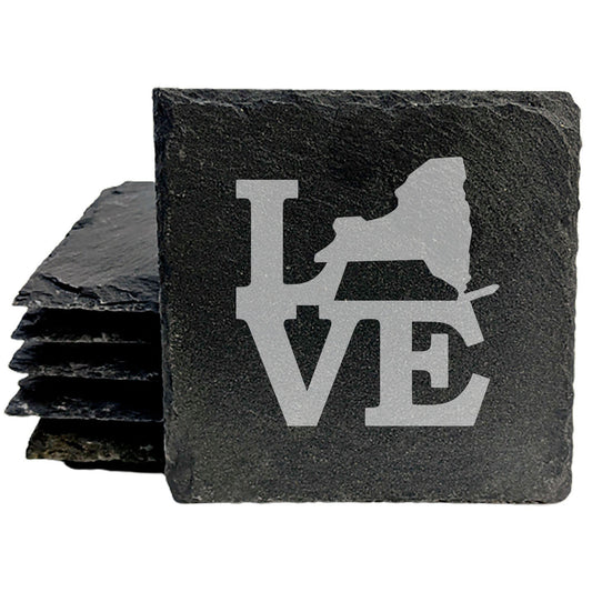 Rustic Slate Coasters Set of 4, Round 4" with 'LOVE' New York Design, Perfect for Holidays, Birthdays, Housewarming Gifts, She-Shed or Man Cave, Made in Oregon, USA, Natural Chipped Edge, Boxed