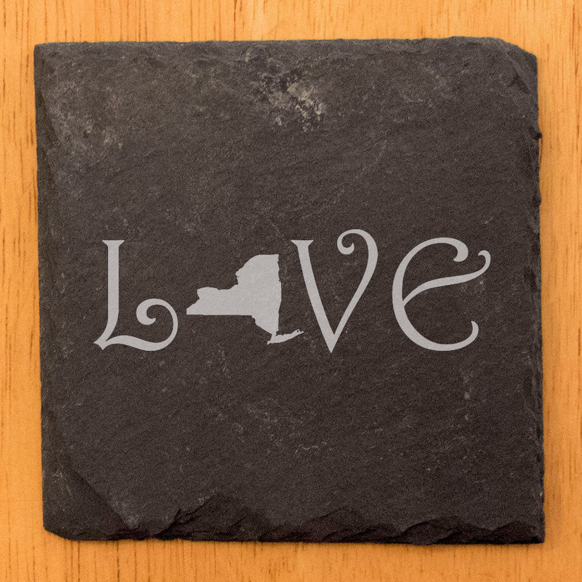 Rustic Slate Coasters Set of 4, Square 4" with 'LOVE' New York Design, Perfect for Holidays, Birthdays, Housewarming Gifts, She-Shed or Man Cave, Made in Oregon, USA, Natural Chipped Edge