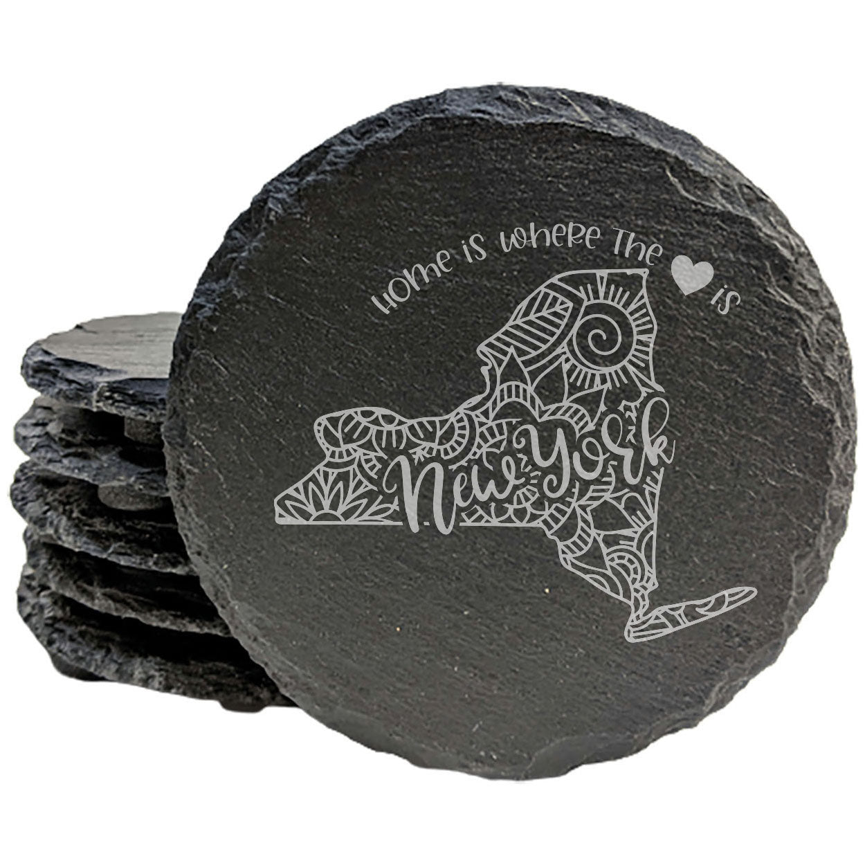 Rustic Slate Coasters Set of 4, Round 4" with New York Mandala Design, 'Home is Where the Heart Is' Quote, Perfect Gift for Holidays, Birthdays, Housewarming, Made in Oregon, USA, Small Business