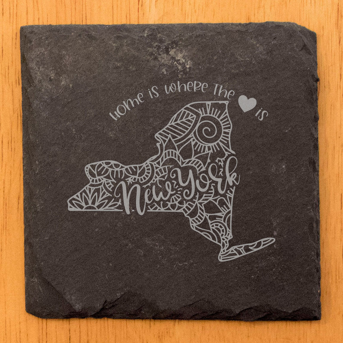 Rustic Slate Coasters Set of 4, Round 4" with New York Mandala Design, 'Home is Where the Heart Is' Quote, Perfect Gift for Holidays, Birthdays, Housewarming, Made in Oregon, USA, Small Business