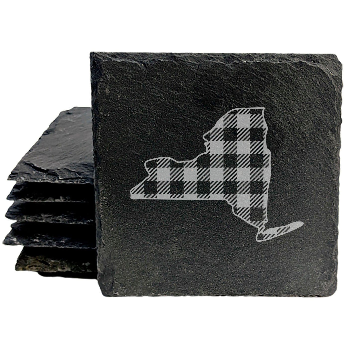 Rustic Slate Coasters Set of 4 - Round 4" with New York Plaid Design, Natural Chipped Edge, Rubber Feet - Perfect Gift for Holidays, Birthdays, Housewarming - Made in Oregon, USA by Small Business