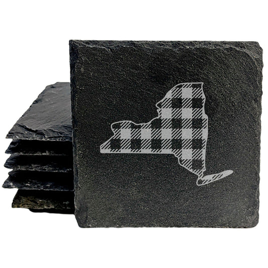Rustic Slate Coasters Set of 4 - Round 4" with New York Plaid Design, Natural Chipped Edge, Rubber Feet - Perfect Gift for Holidays, Birthdays, Housewarming - Made in Oregon, USA by Small Business