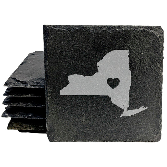 Rustic Slate Coasters Set of 4, Round 4" with New York Heart Design, Laser Etched, Perfect for Holidays, Birthdays, Housewarming Gifts, Made in Oregon, USA, Natural Chipped Edge, Rubber Feet