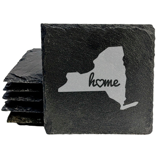 Rustic Slate Coasters Set of 4, Round 4" with New York 'Home' Heart Design, Perfect for Holidays, Birthdays, Housewarming, She-Shed, Man Cave, Made in Oregon, USA, , Natural Edge