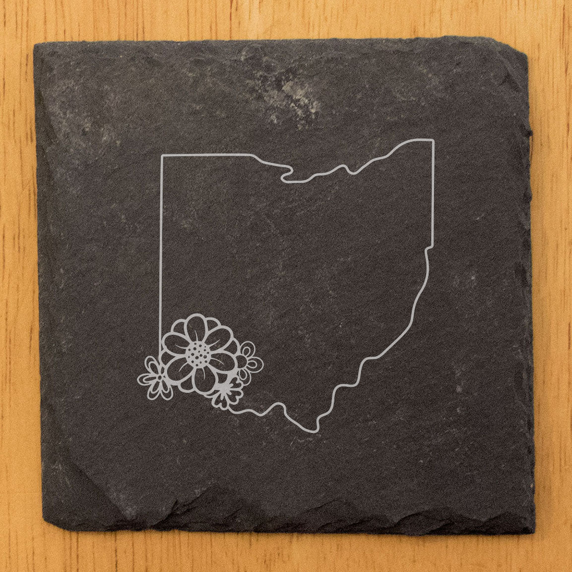 Rustic Slate Coasters Set of 4 - Ohio State Outline Design w/ Flower - 4" Round/Square - Natural Chipped Edge, Rubber Feet - Perfect Gift for Holidays, Birthdays, Housewarming - Made in USA