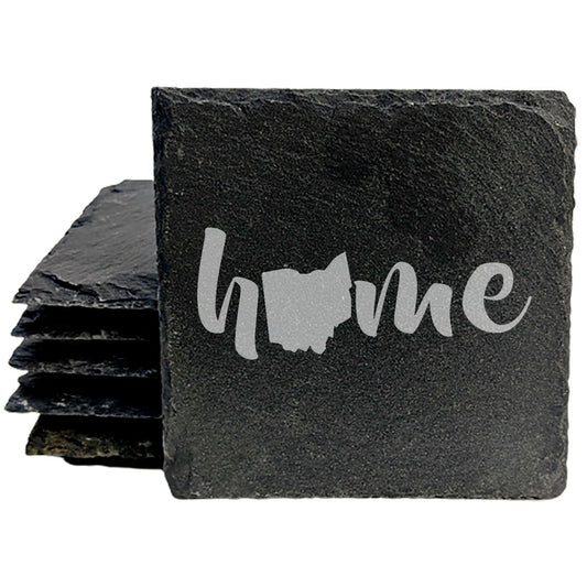 Rustic Slate Coasters Set of 4 - Laser Etched 'Home' Design with Ohio State - Perfect Gift for Holidays, Birthdays, Housewarming - 4" Round/Square - Made in Oregon, USA - Natural Chipped Edge