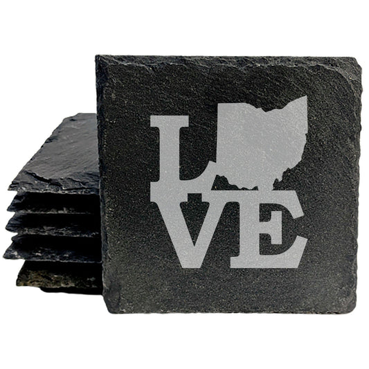 Rustic Slate Coasters Set of 4, Laser Etched 'LOVE' Ohio Design, 4" Round, Natural Chipped Edge, Rubber Feet, , Perfect for Holidays, Birthdays, Housewarming, Made in Oregon, USA