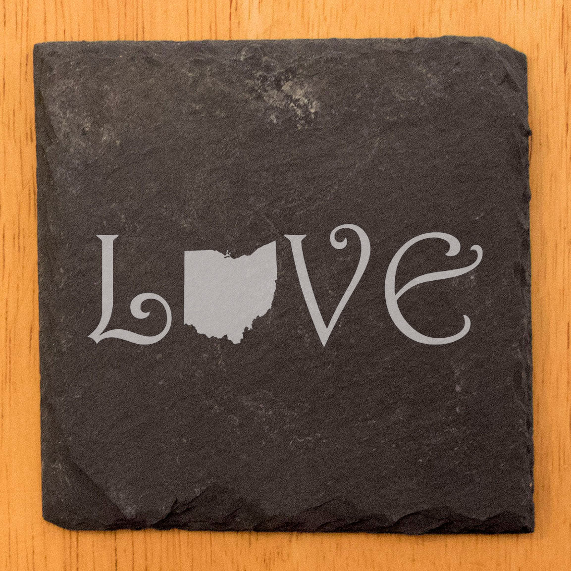 Rustic Slate Coasters Set of 4 - Laser Etched 'LOVE' Design with Ohio State Shape - Perfect Gift for Holidays, Birthdays, Housewarming - 4" Square, Natural Chipped Edge, Made in Oregon, USA