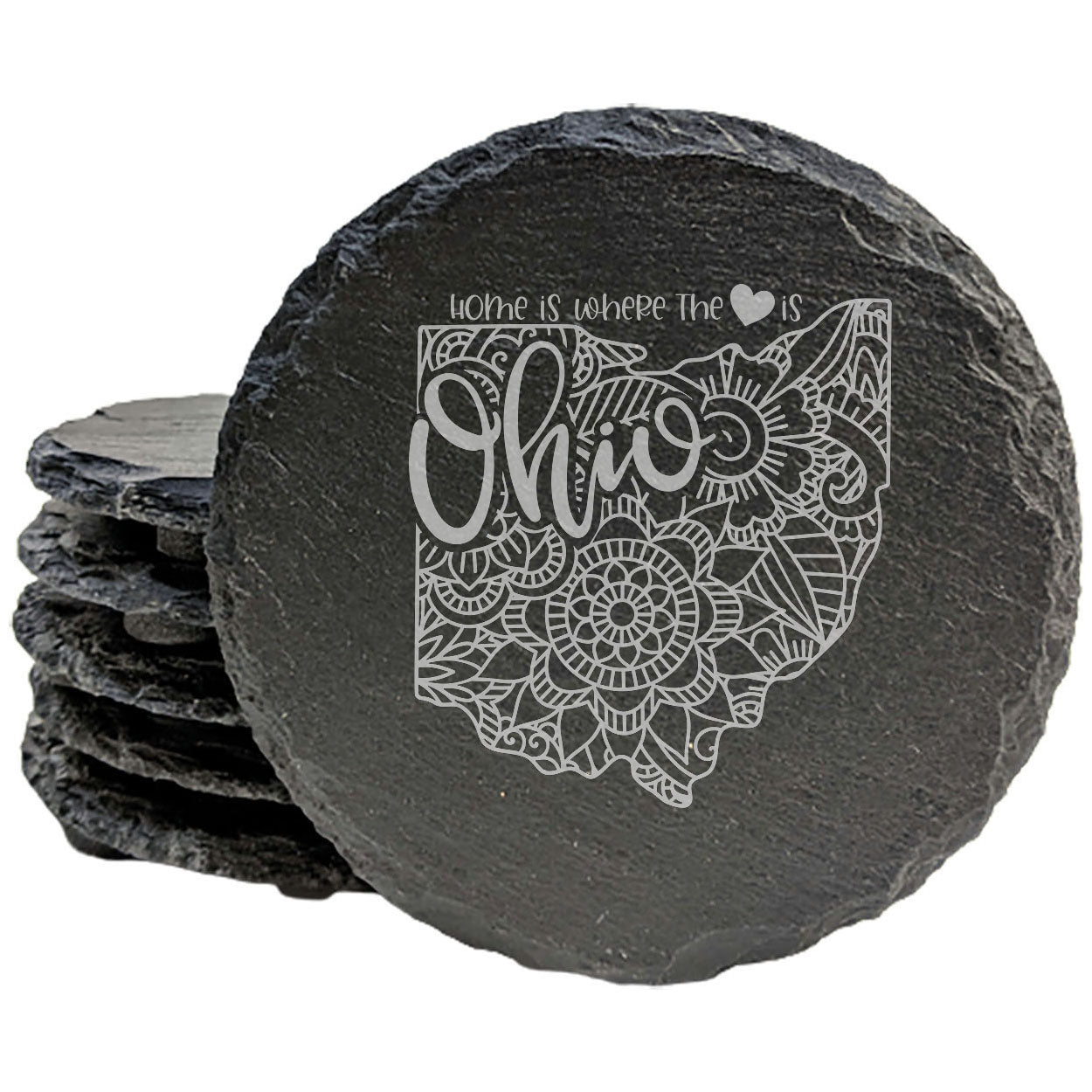 Rustic Slate Coasters Set of 4, Round 4" with Ohio Mandala Design, 'Home is Where the Heart Is' Quote, Perfect Gift for Holidays, Birthdays, Housewarming, Made in Oregon, USA, Small Business