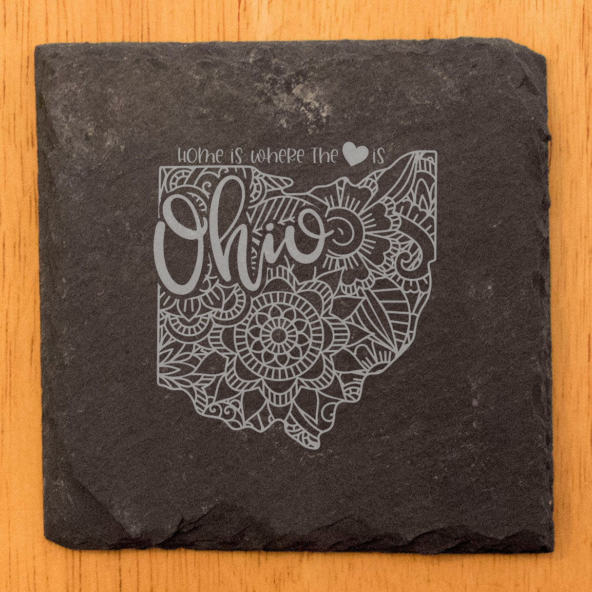 Rustic Slate Coasters Set of 4, Round 4" with Ohio Mandala Design, 'Home is Where the Heart Is' Quote, Perfect Gift for Holidays, Birthdays, Housewarming, Made in Oregon, USA, Small Business