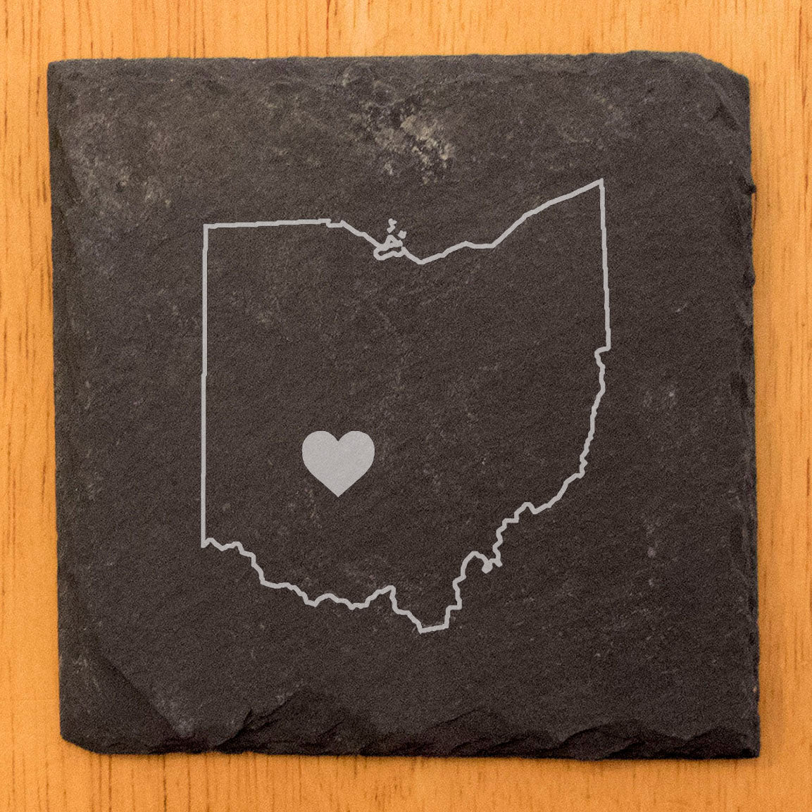 Rustic Slate Coasters Set of 4, Ohio Heart Design, 4" Round, Natural Chipped Edge, Rubber Feet, , Perfect for Holidays, Birthdays, Housewarming, She-Shed, Man Cave, Made in USA
