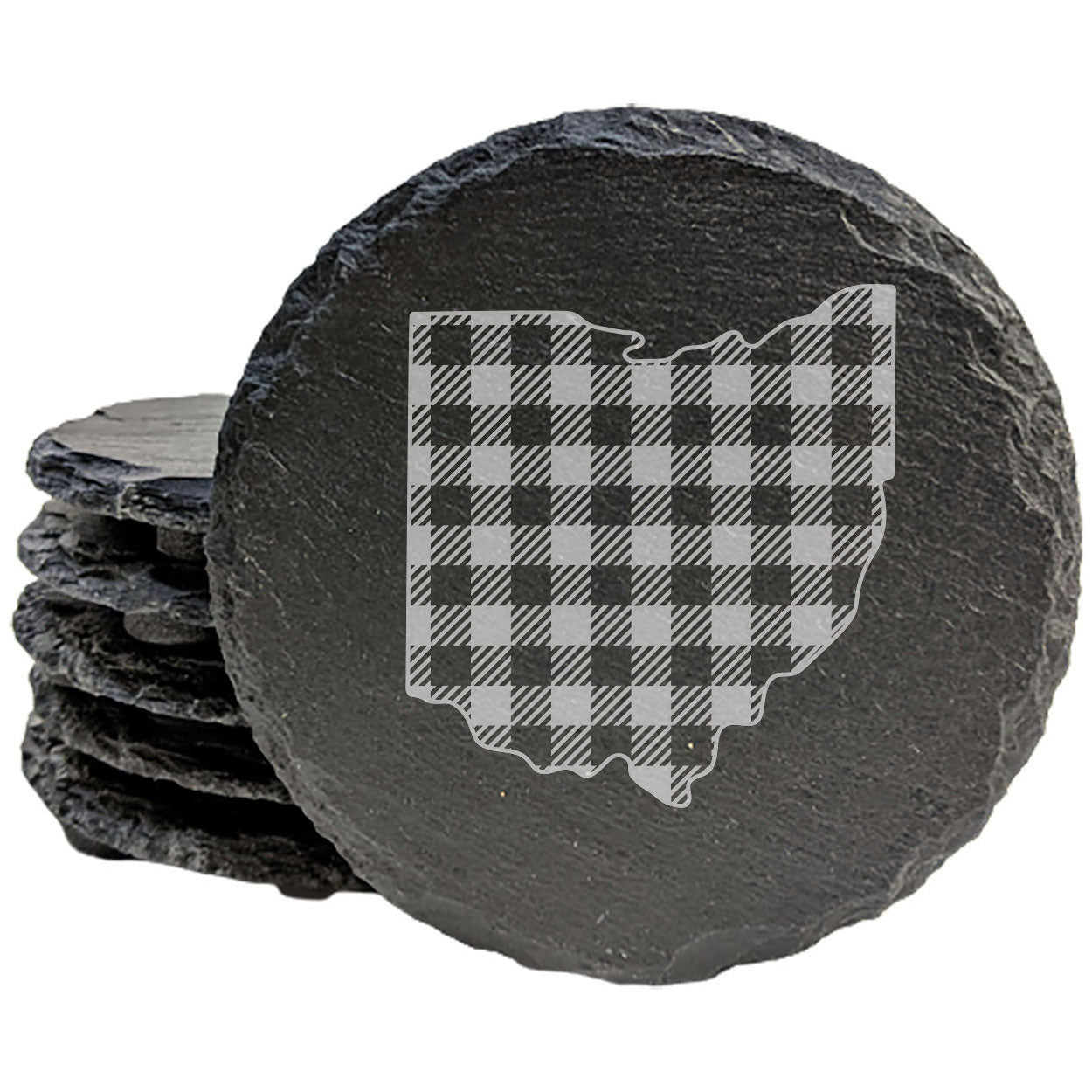 Rustic Slate Coasters Set of 4, Ohio Plaid Design, 4" Round, Natural Chipped Edge, Rubber Feet, , Perfect for Holidays, Birthdays, Housewarming, She-Shed, Man Cave, Made in USA