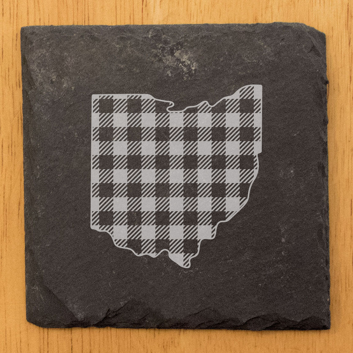 Rustic Slate Coasters Set of 4, Ohio Plaid Design, 4" Round, Natural Chipped Edge, Rubber Feet, , Perfect for Holidays, Birthdays, Housewarming, She-Shed, Man Cave, Made in USA