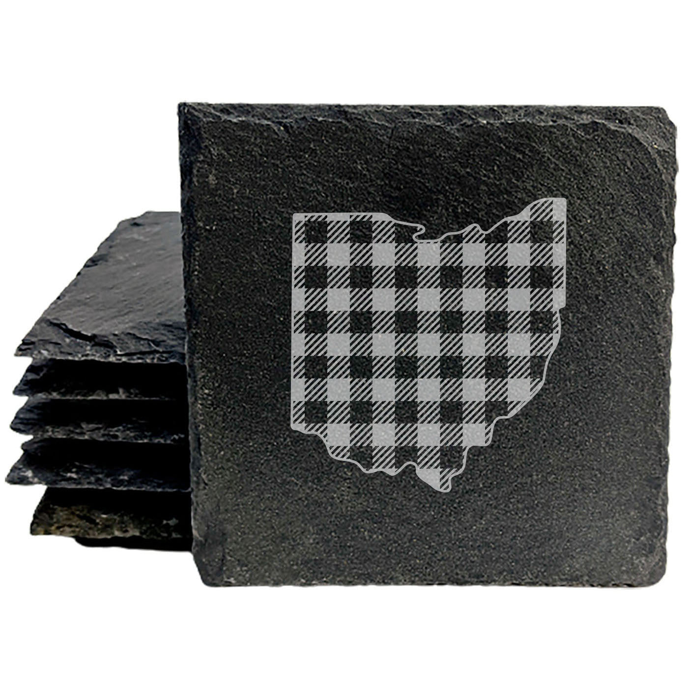 Rustic Slate Coasters Set of 4, Ohio Plaid Design, 4" Round, Natural Chipped Edge, Rubber Feet, , Perfect for Holidays, Birthdays, Housewarming, She-Shed, Man Cave, Made in USA