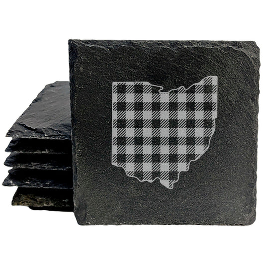 Rustic Slate Coasters Set of 4, Ohio Plaid Design, 4" Round, Natural Chipped Edge, Rubber Feet, , Perfect for Holidays, Birthdays, Housewarming, She-Shed, Man Cave, Made in USA