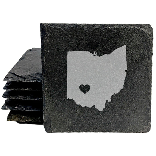 Rustic Slate Coasters Set of 4, Ohio Heart Design, 4" Round, Laser Etched, Natural Chipped Edge, Rubber Feet, , Perfect for Holidays, Birthdays, Housewarming, Made in Oregon, USA