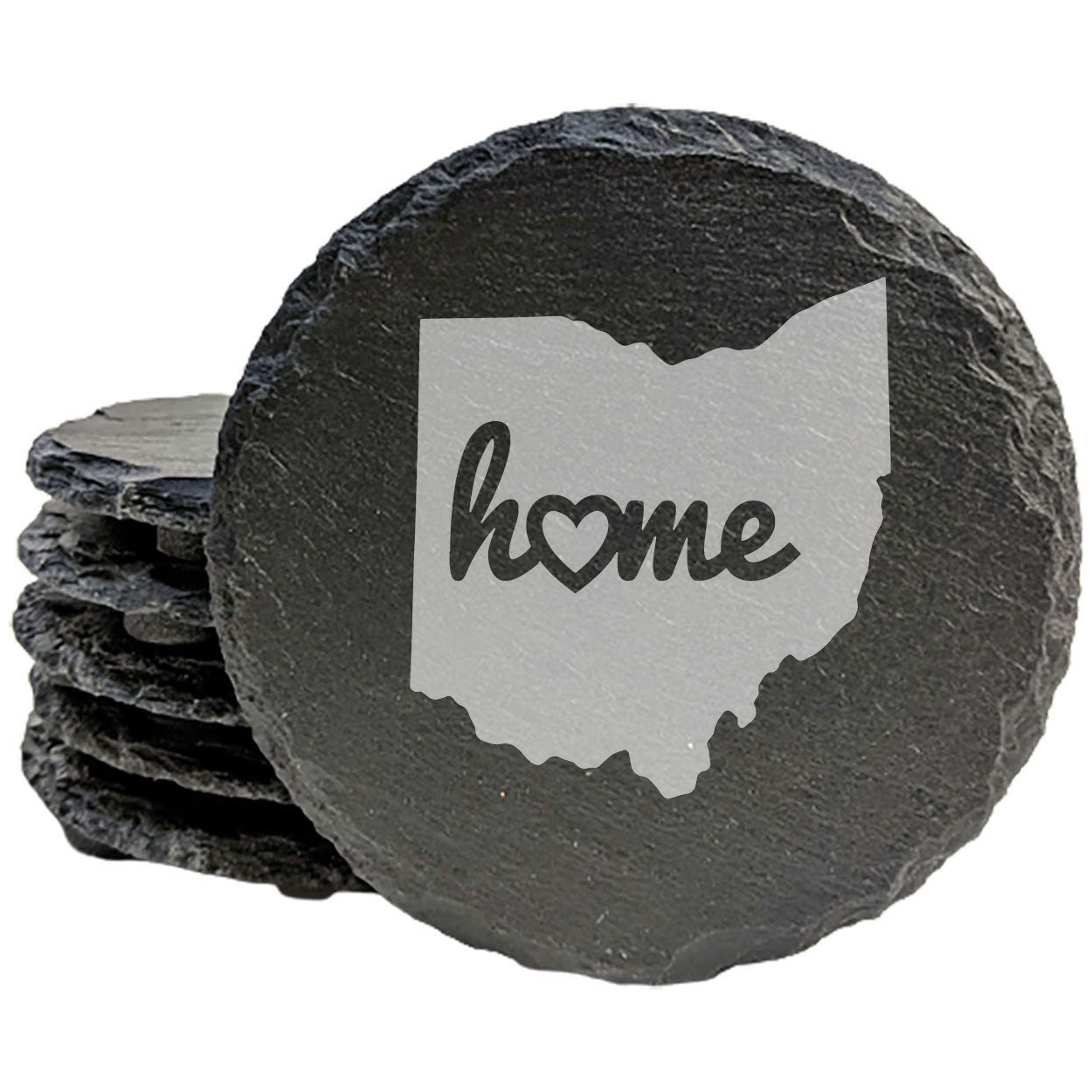 Rustic Slate Coasters Set of 4, Ohio 'Home' Design, 4" Round, Laser Etched, Natural Chipped Edge, Rubber Feet, , Perfect for Holidays, Birthdays, Housewarming, Made in Oregon, USA