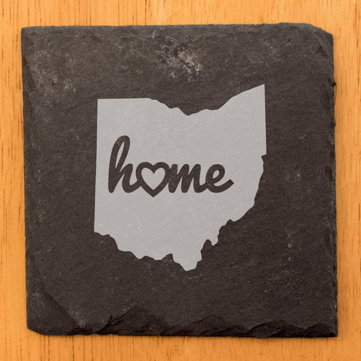 Rustic Slate Coasters Set of 4, Ohio 'Home' Design, 4" Round, Laser Etched, Natural Chipped Edge, Rubber Feet, , Perfect for Holidays, Birthdays, Housewarming, Made in Oregon, USA