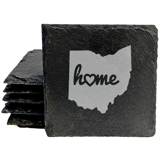 Rustic Slate Coasters Set of 4, Ohio 'Home' Design, 4" Round, Laser Etched, Natural Chipped Edge, Rubber Feet, , Perfect for Holidays, Birthdays, Housewarming, Made in Oregon, USA