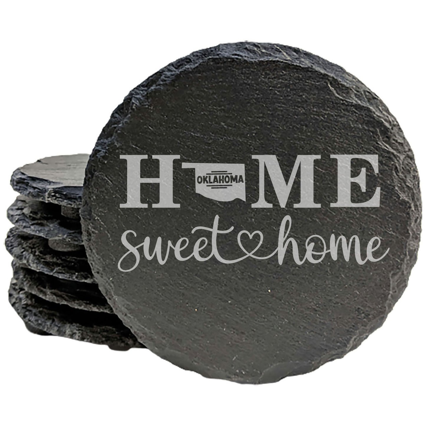 Rustic Slate Coasters Set of 4, 4" Round, Laser Etched 'HOME SWEET HOME' Design, Perfect Gift for Holidays, Birthdays, Housewarming, Made in Oregon, USA, Natural Chipped Edge, Rubber Feet