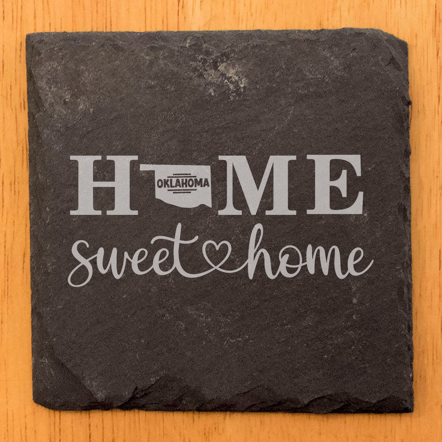 Rustic Slate Coasters Set of 4, 4" Round, Laser Etched 'HOME SWEET HOME' Design, Perfect Gift for Holidays, Birthdays, Housewarming, Made in Oregon, USA, Natural Chipped Edge, Rubber Feet