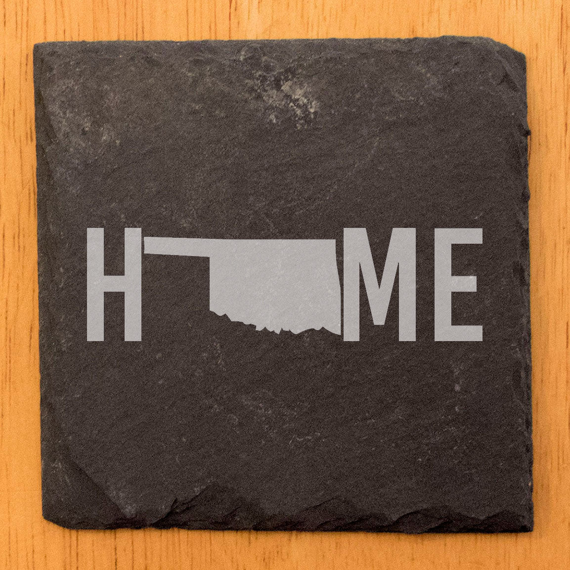 Rustic Slate Coasters Set of 4 - Laser Etched 'HOME' Design with Oklahoma State - Perfect Gift for Holidays, Birthdays, Housewarming - 4" Round, Natural Chipped Edge, Made in Oregon, USA
