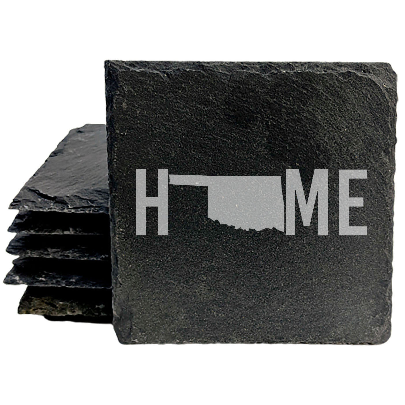 Rustic Slate Coasters Set of 4 - Laser Etched 'HOME' Design with Oklahoma State - Perfect Gift for Holidays, Birthdays, Housewarming - 4" Round, Natural Chipped Edge, Made in Oregon, USA