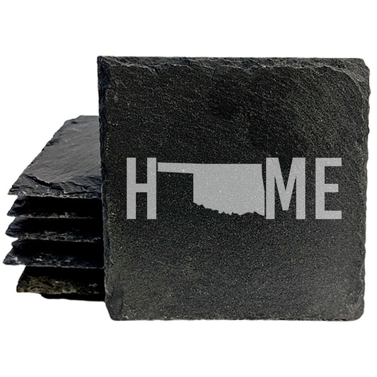 Rustic Slate Coasters Set of 4 - Laser Etched 'HOME' Design with Oklahoma State - Perfect Gift for Holidays, Birthdays, Housewarming - 4" Round, Natural Chipped Edge, Made in Oregon, USA