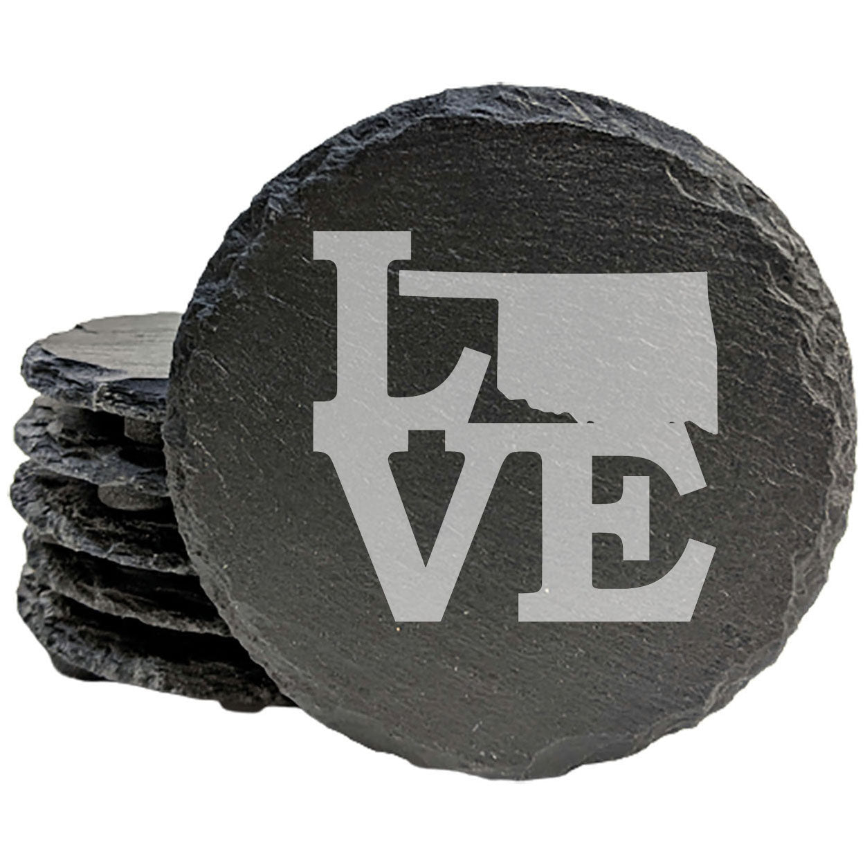 Rustic Slate Coasters Set of 4, Round 4" with 'LOVE' Oklahoma Design, Laser Etched, Perfect for Holidays, Birthdays, Housewarming Gifts, Made in Oregon, USA, Natural Chipped Edge, Rubber Feet