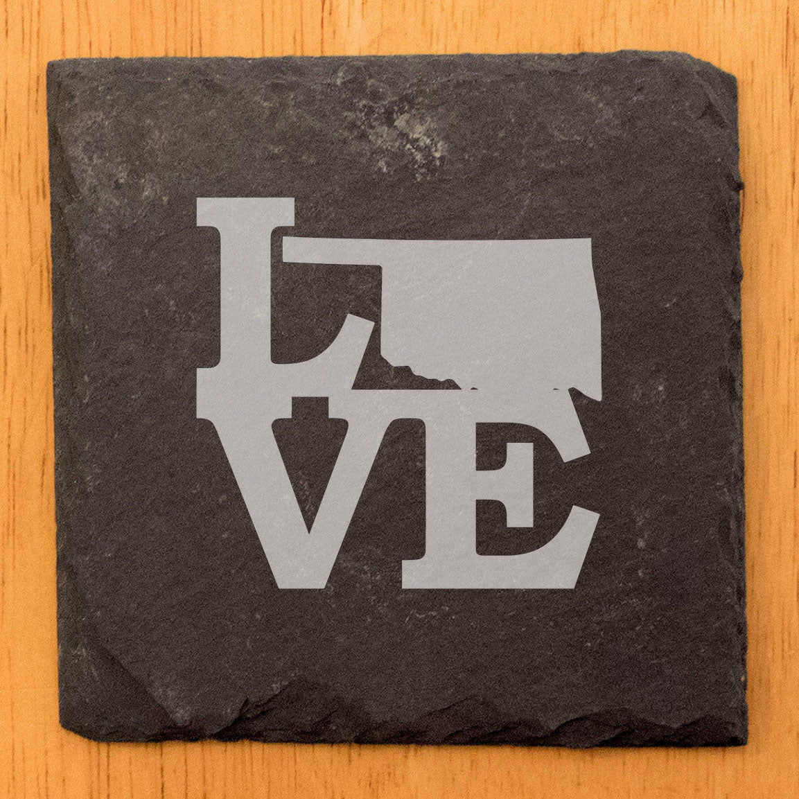 Rustic Slate Coasters Set of 4, Round 4" with 'LOVE' Oklahoma Design, Laser Etched, Perfect for Holidays, Birthdays, Housewarming Gifts, Made in Oregon, USA, Natural Chipped Edge, Rubber Feet