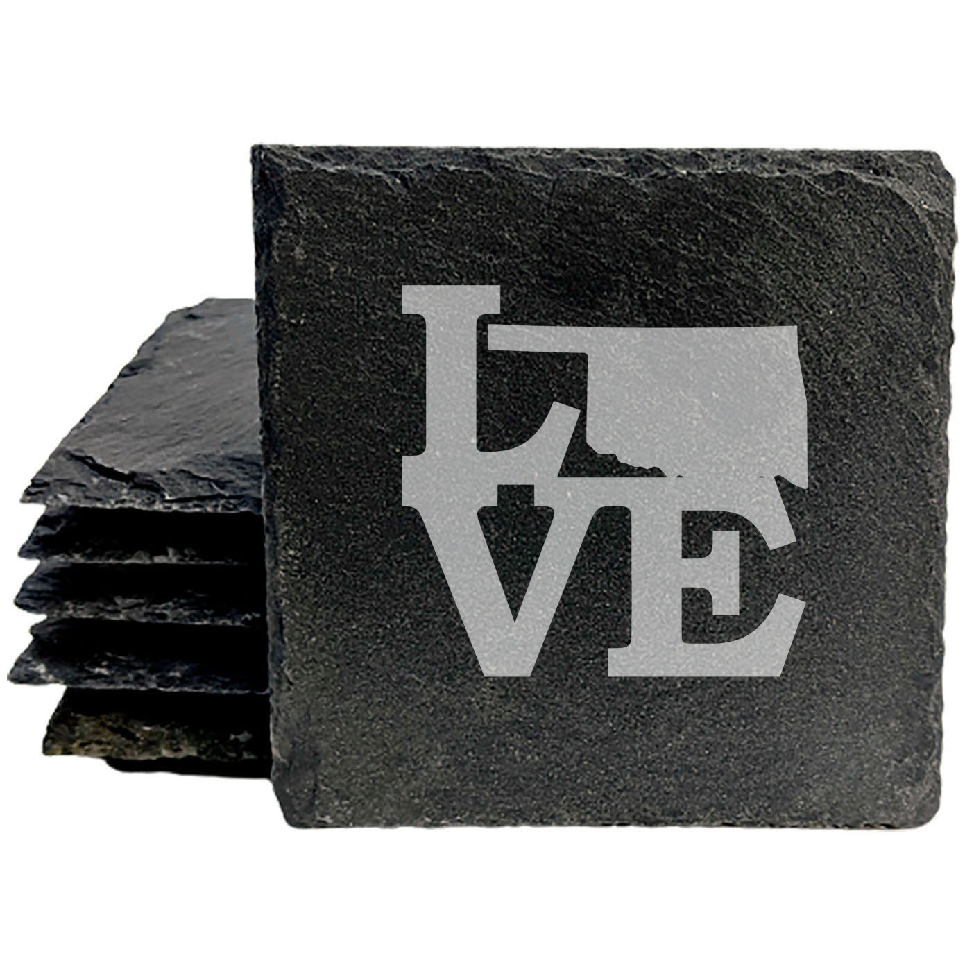 Rustic Slate Coasters Set of 4, Round 4" with 'LOVE' Oklahoma Design, Laser Etched, Perfect for Holidays, Birthdays, Housewarming Gifts, Made in Oregon, USA, Natural Chipped Edge, Rubber Feet