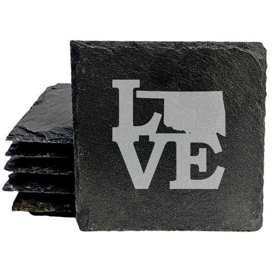 Rustic Slate Coasters Set of 4, Round 4" with 'LOVE' Oklahoma Design, Laser Etched, Perfect for Holidays, Birthdays, Housewarming Gifts, Made in Oregon, USA, Natural Chipped Edge, Rubber Feet