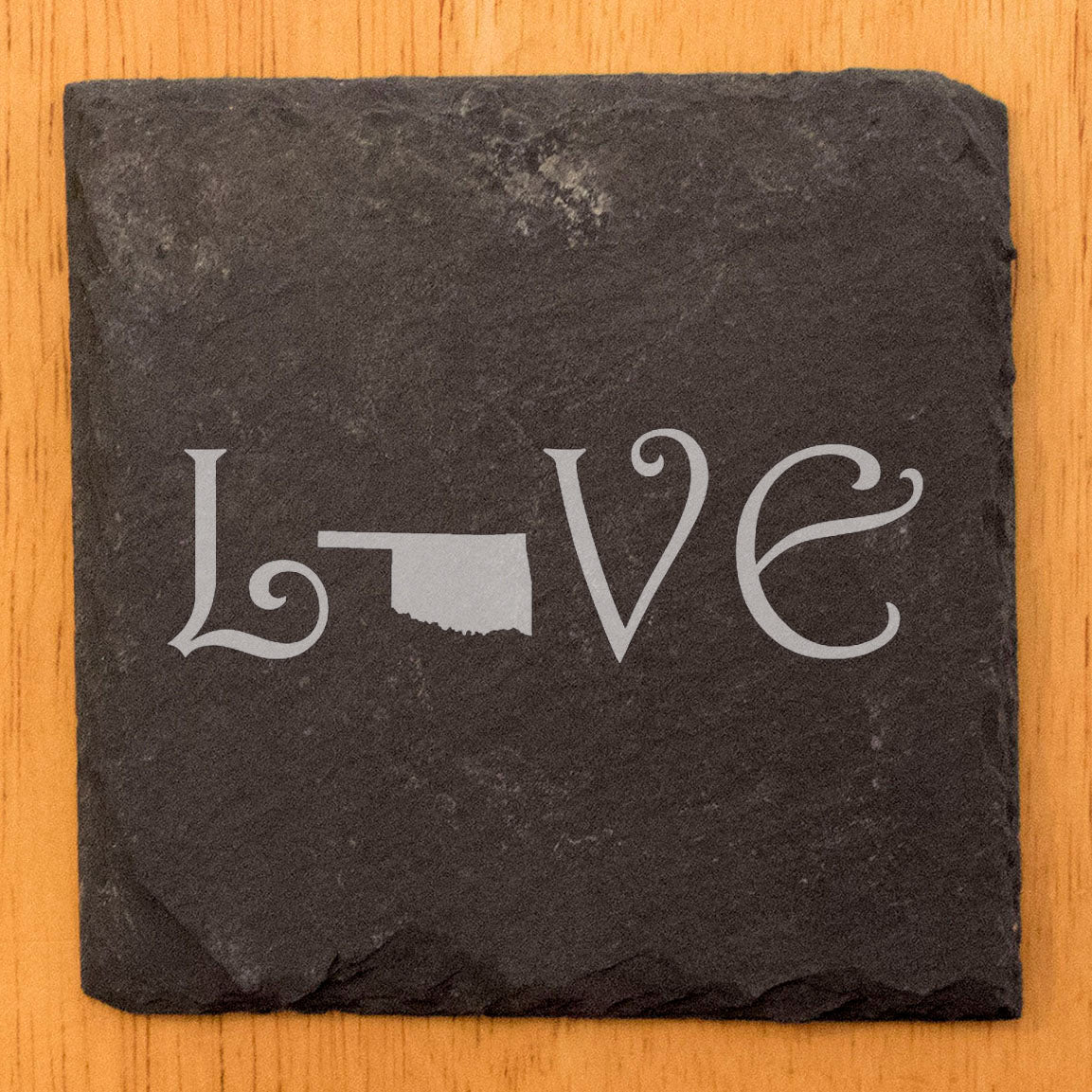 Rustic Slate Coasters Set of 4, Square 4" with 'LOVE' Oklahoma Design, Natural Chipped Edge, Rubber Feet, , Perfect for Holidays, Birthdays, Housewarming, Made in Oregon, USA