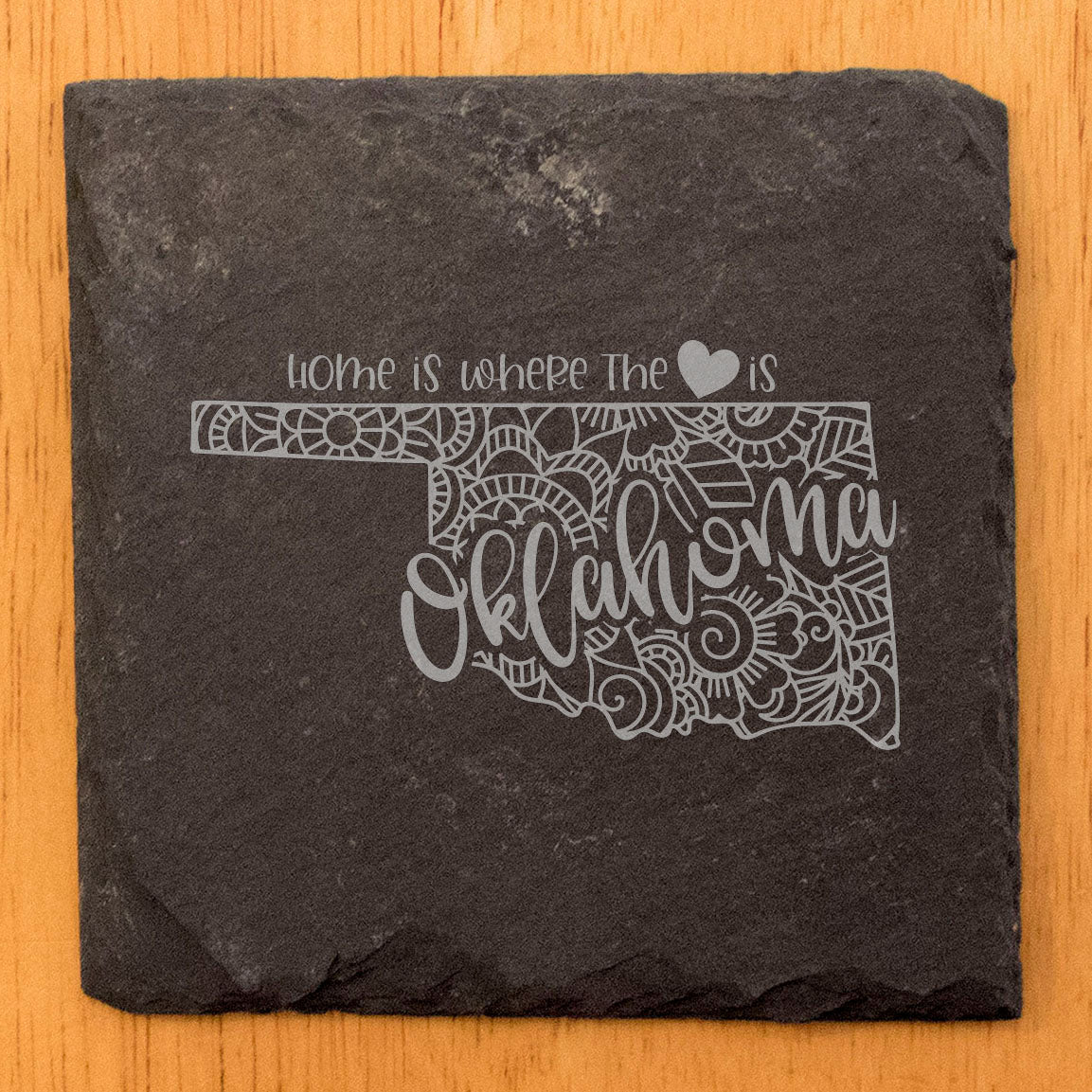 Rustic Slate Coasters Set of 4, Round 4" with Oklahoma Mandala Design, 'Home is Where the Heart Is' Quote, Perfect Gift for Holidays, Birthdays, Housewarming, Made in Oregon, USA, Small Business