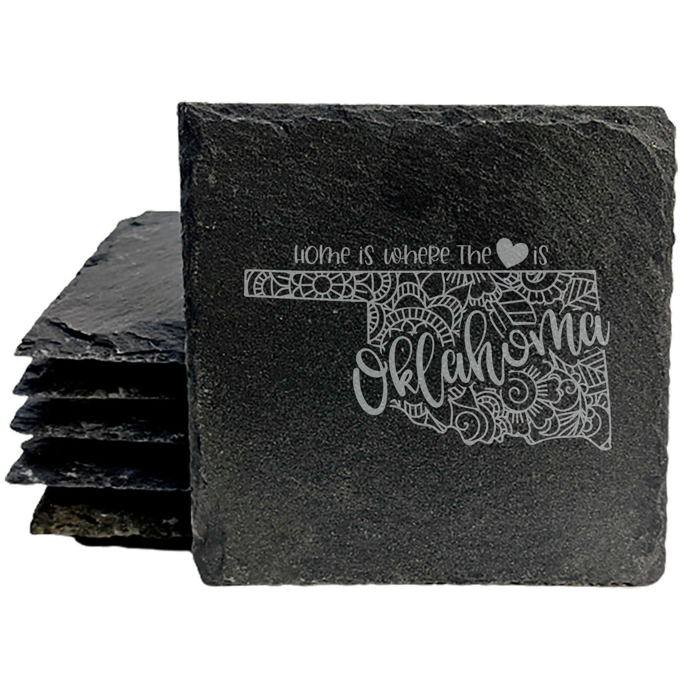 Rustic Slate Coasters Set of 4, Round 4" with Oklahoma Mandala Design, 'Home is Where the Heart Is' Quote, Perfect Gift for Holidays, Birthdays, Housewarming, Made in Oregon, USA, Small Business