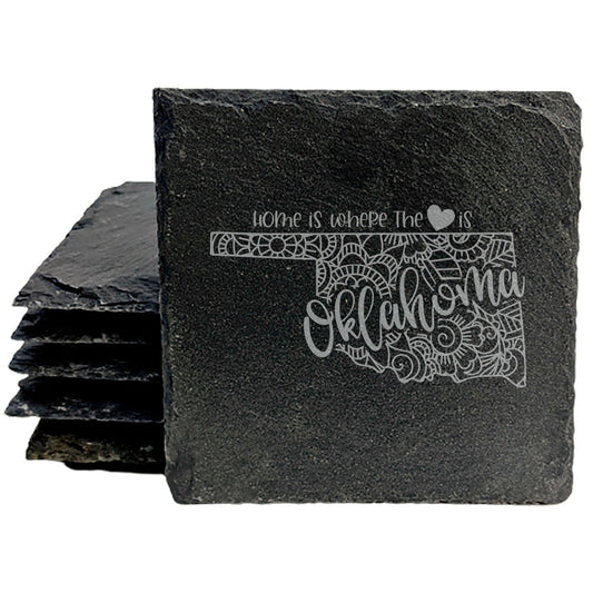 Rustic Slate Coasters Set of 4, Round 4" with Oklahoma Mandala Design, 'Home is Where the Heart Is' Quote, Perfect Gift for Holidays, Birthdays, Housewarming, Made in Oregon, USA, Small Business