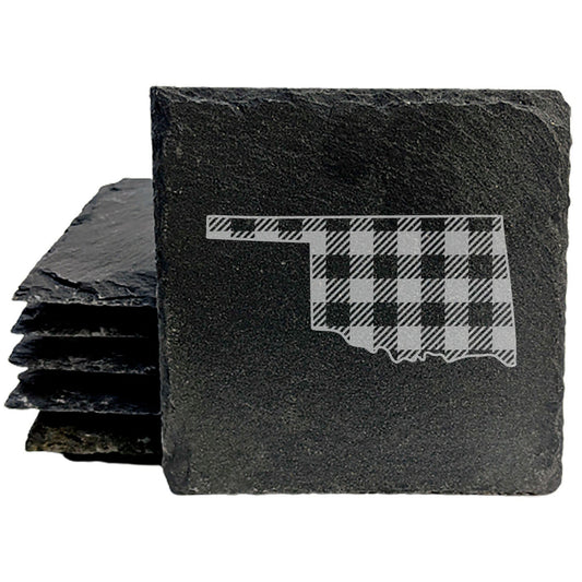 Rustic Slate Coasters Set of 4, Round 4" with Oklahoma Plaid Design, Perfect for Holidays, Birthdays, Housewarming Gifts, She-Shed or Man Cave, Made in Oregon, USA, Natural Chipped Edge, Rubber Feet