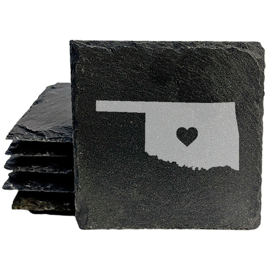 Rustic Slate Coasters Set of 4, Oklahoma Heart Design, 4" Round, Laser Etched, Natural Chipped Edge, Rubber Feet, , Perfect for Holidays, Birthdays, Housewarming, Made in USA