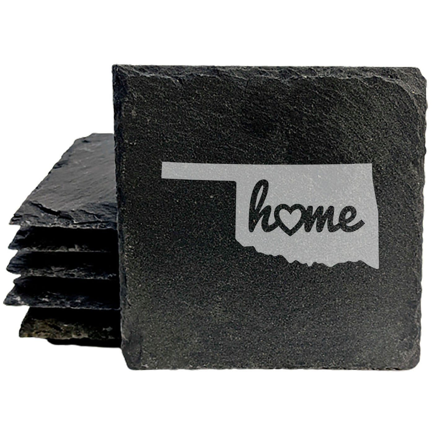 Rustic Slate Coasters Set of 4, Round 4" with Oklahoma 'Home' Heart Design, Perfect for Holidays, Birthdays, Housewarming Gifts, She-Shed or Man Cave, Made in Oregon, USA, Natural Chipped Edge
